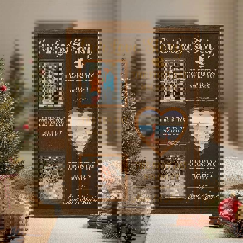 Custom wedding timeline canvas, personalized names and dates with milestone photo collage in rustic farmhouse wood texture