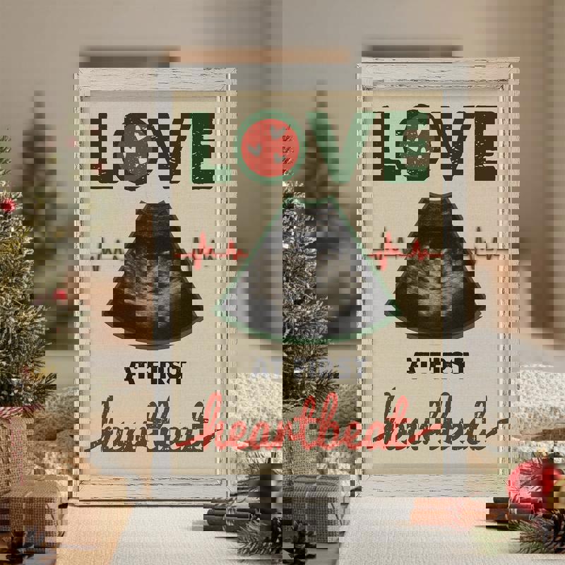 Rustic farmhouse Love at First Heartbeat ultrasound canvas, personalized with names and date, Christmas gift for parents