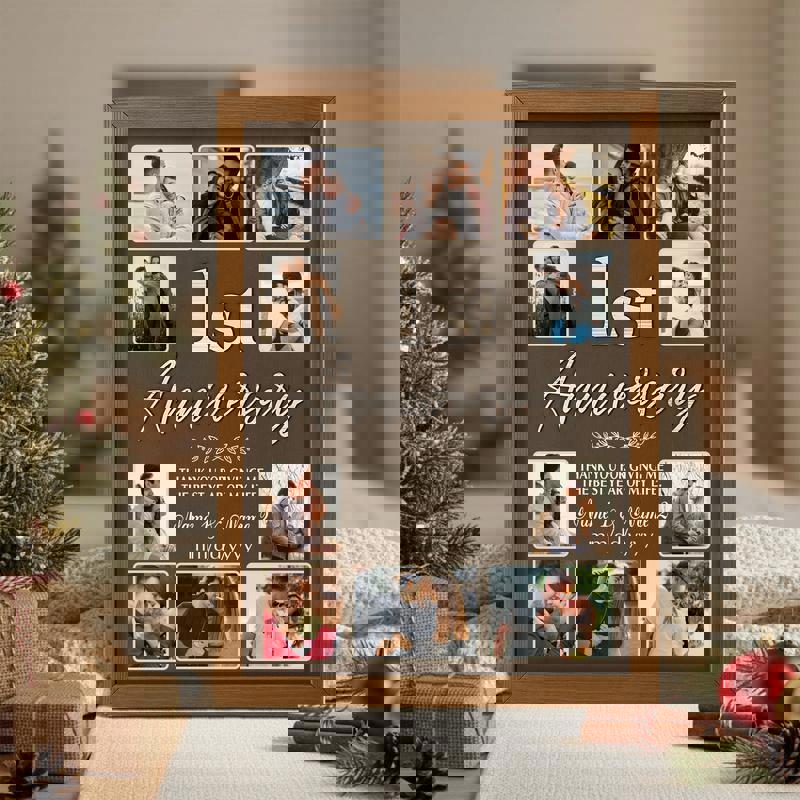 1st anniversary photo collage canvas, rustic farmhouse decor for bedroom personalized with names and date, gift for boyfriend