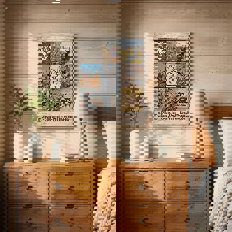 Hunting memories photo collage canvas wall art, customizable names and dates, farmhouse style decor for living room, hallway, or entryway