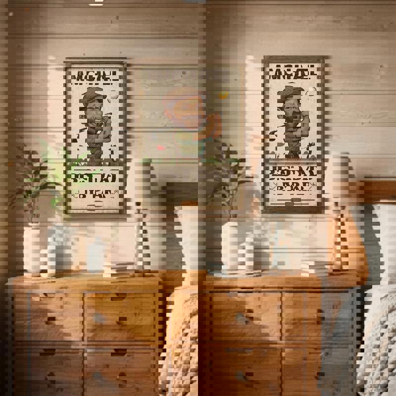 Best Dad By Par caricature canvas with custom golf dad illustration, witty man cave wall art, ideal Father's Day gift