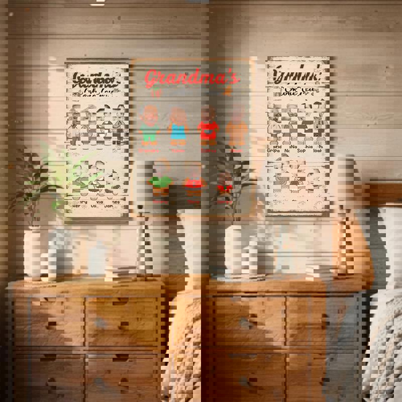 Grandma's Cookie Crew Christmas canvas wall art, gingerbread grandkids lineup with custom names and family photo