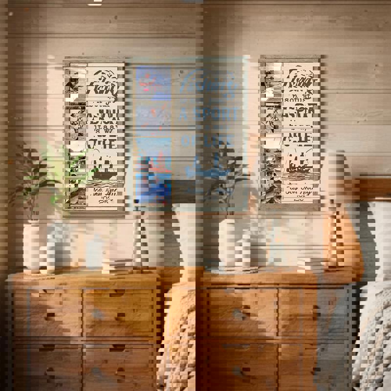 Personalized fishing photo collage canvas for rustic coastal farmhouse decor with photos, names, ideal for lake house