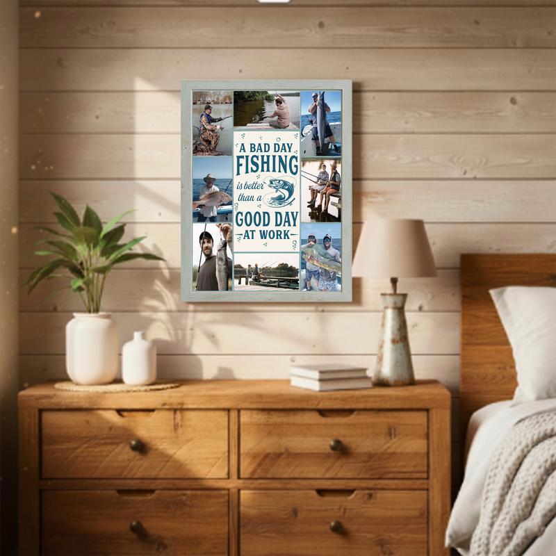 Fishing canvas wall art, portrait photo collage with inspirational quote, personalized for office or man cave decor