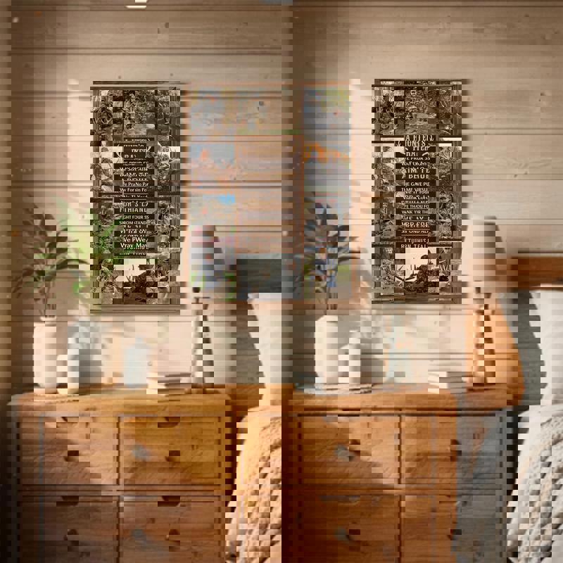 Hunter's Prayer canvas wall art, three-photo collage, antler motif, charcoal backdrop, personalized for dad, rustic decor for cabin or den