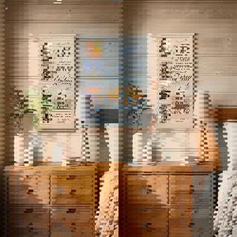 Fishing canvas wall art featuring father & son portrait collage, personalized with name and date, neutral beige tones