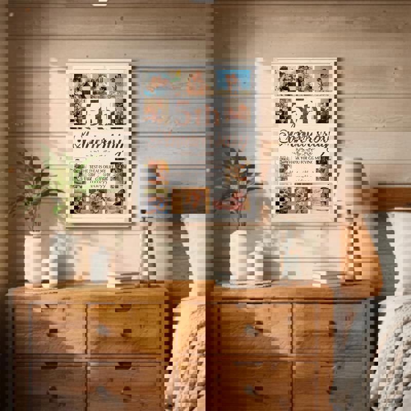 5th anniversary photo collage canvas, rustic farmhouse decor, personalized with couple names and date, years together gift