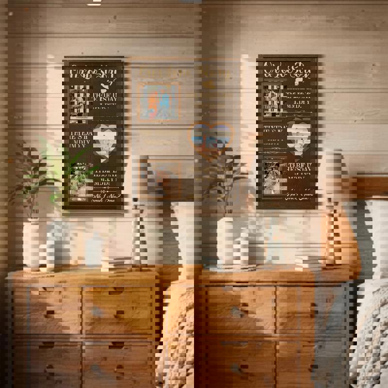 Love story timeline canvas, personalized with names, dates, and photos in rustic farmhouse design, anniversary bedroom decor