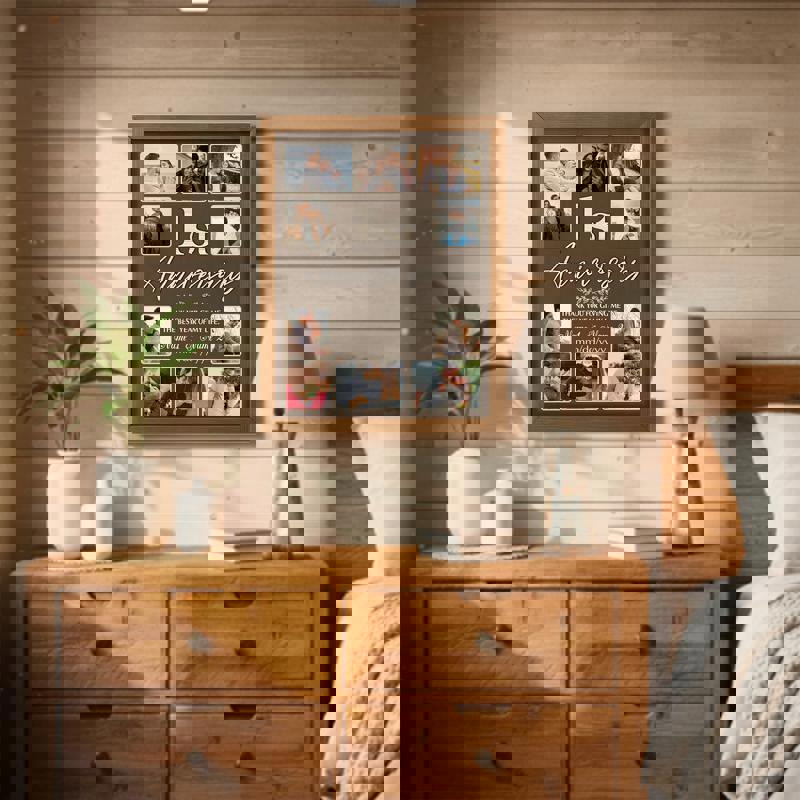 1st anniversary photo collage canvas, rustic wood, black-and-white photos, personalized names and date, gift for girlfriend