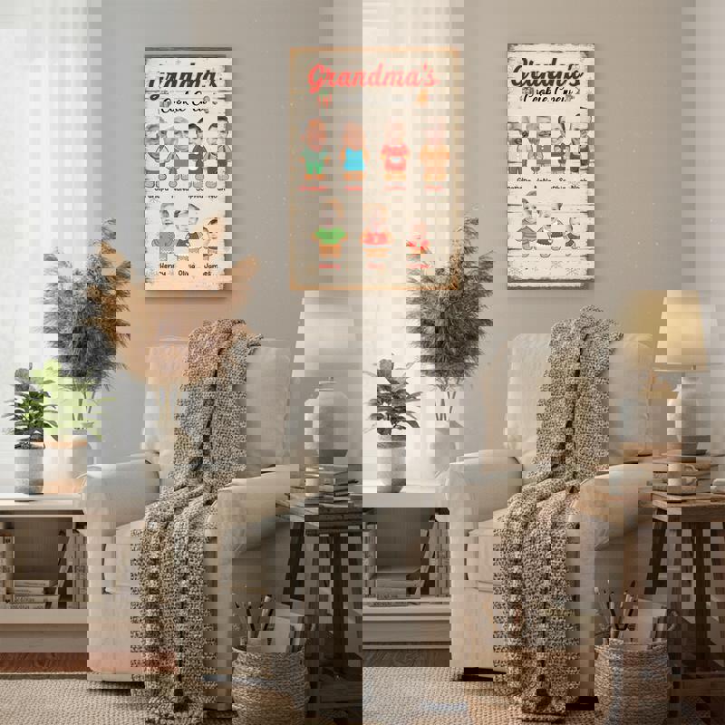 Grandma's Cookie Crew Christmas canvas wall art with gingerbread kids, personalized names and grandkids' photo