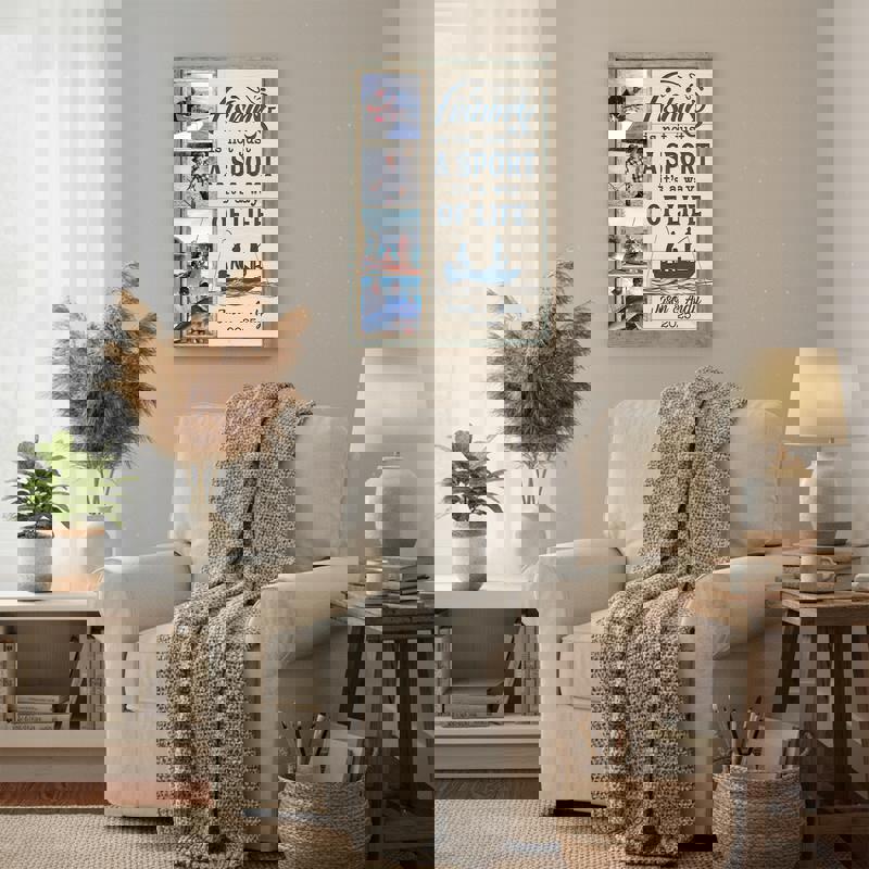 Personalized fishing photo collage canvas, custom names and dates, farmhouse gift for fishermen, birthday and retirement