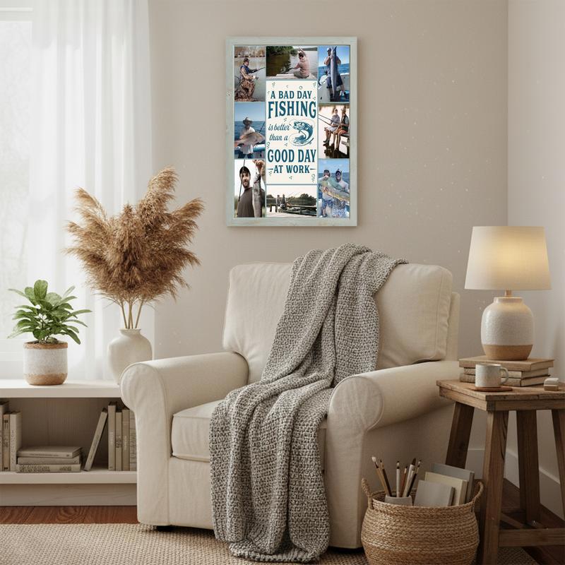 Fishing photo collage canvas with uplifting quote, custom names and photos, rustic coastal farmhouse wall decor for him