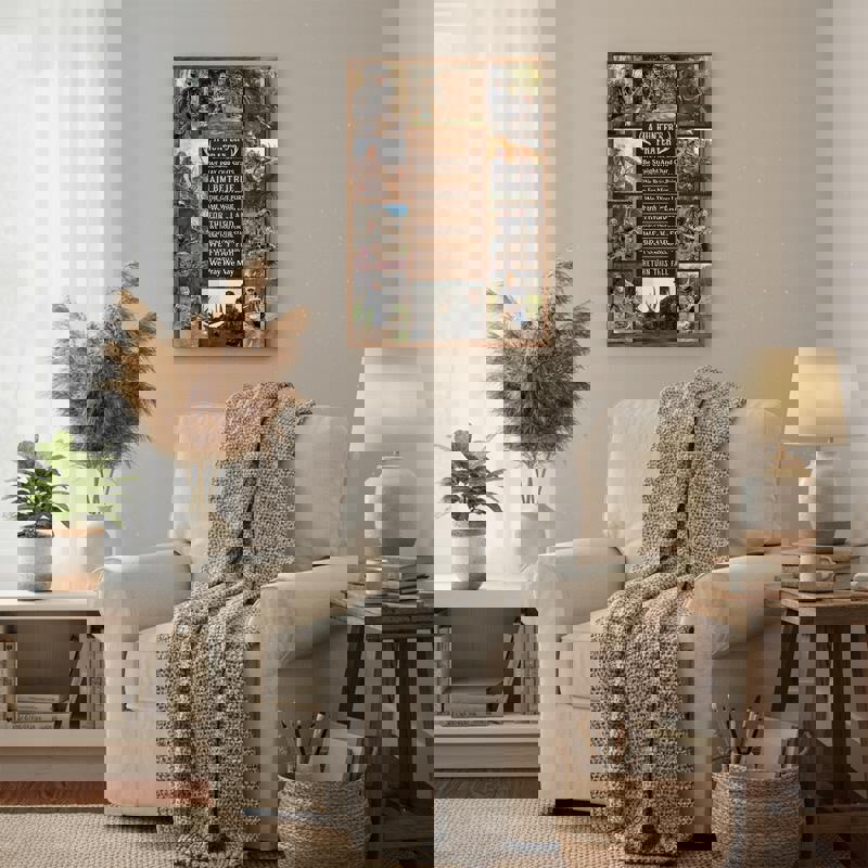 Hunter's Prayer canvas, personalized photo collage with script text overlay, sepia tones, custom names and year, thoughtful gift for him