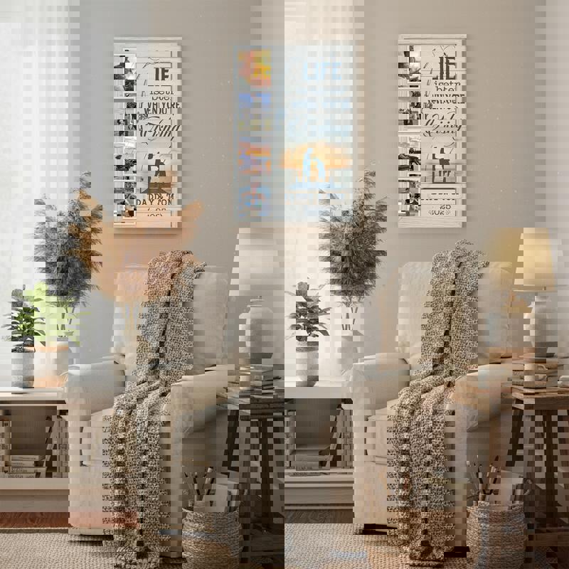 Fishing canvas wall art with script quote and father & son photo collage, coastal farmhouse decor for entryway or living room