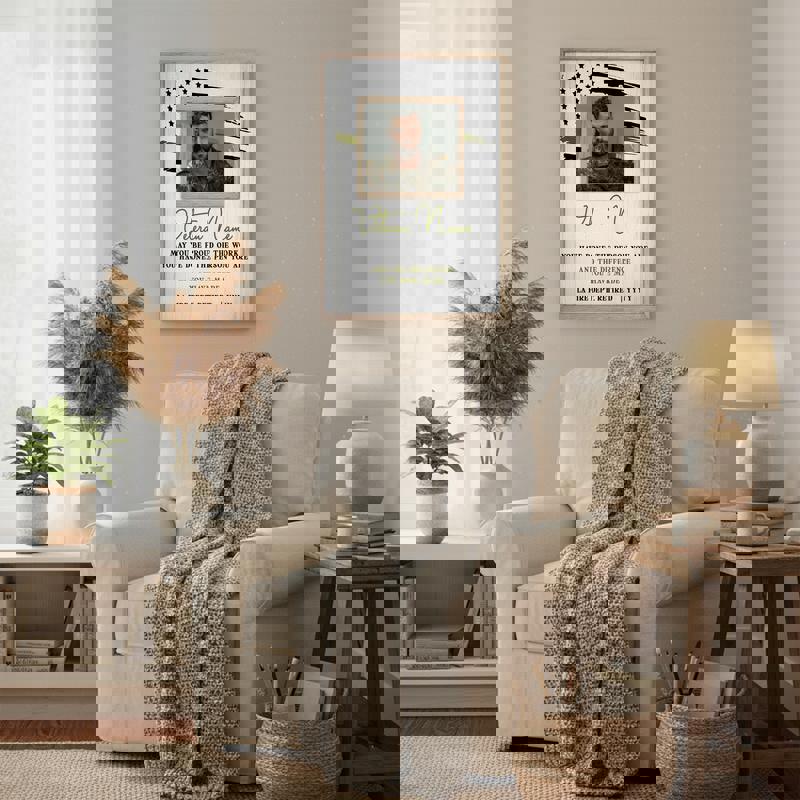 Military retirement canvas wall art, portrait, custom name, rank, and dates on weathered farmhouse background decor