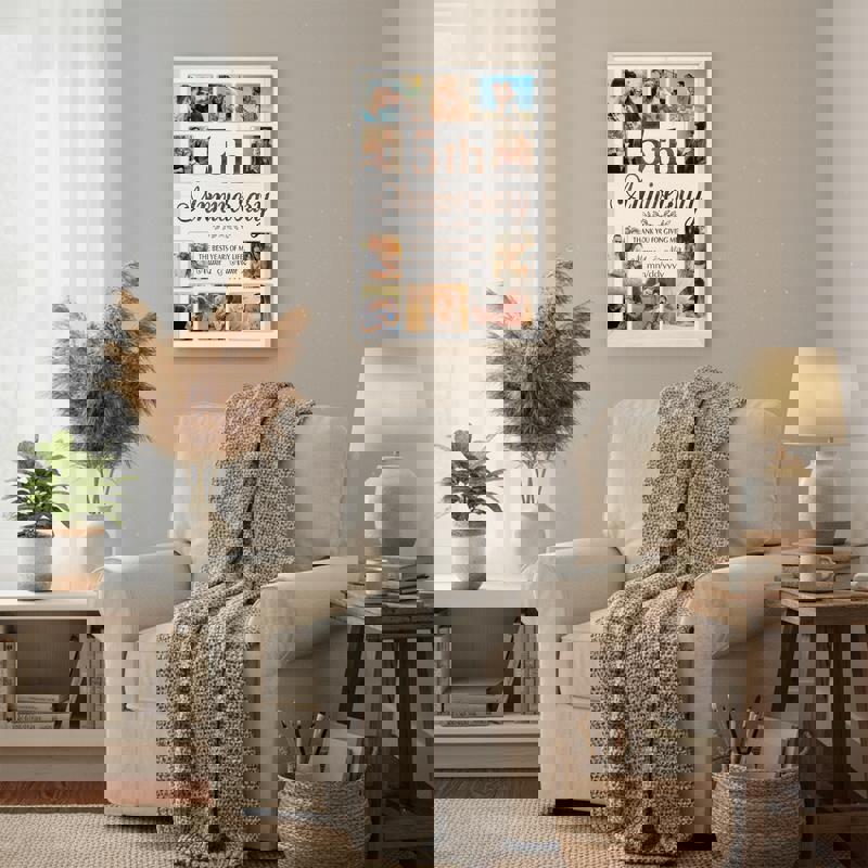 5th anniversary photo collage canvas, rustic farmhouse style, add names, date, and photos, gift for husband and wife