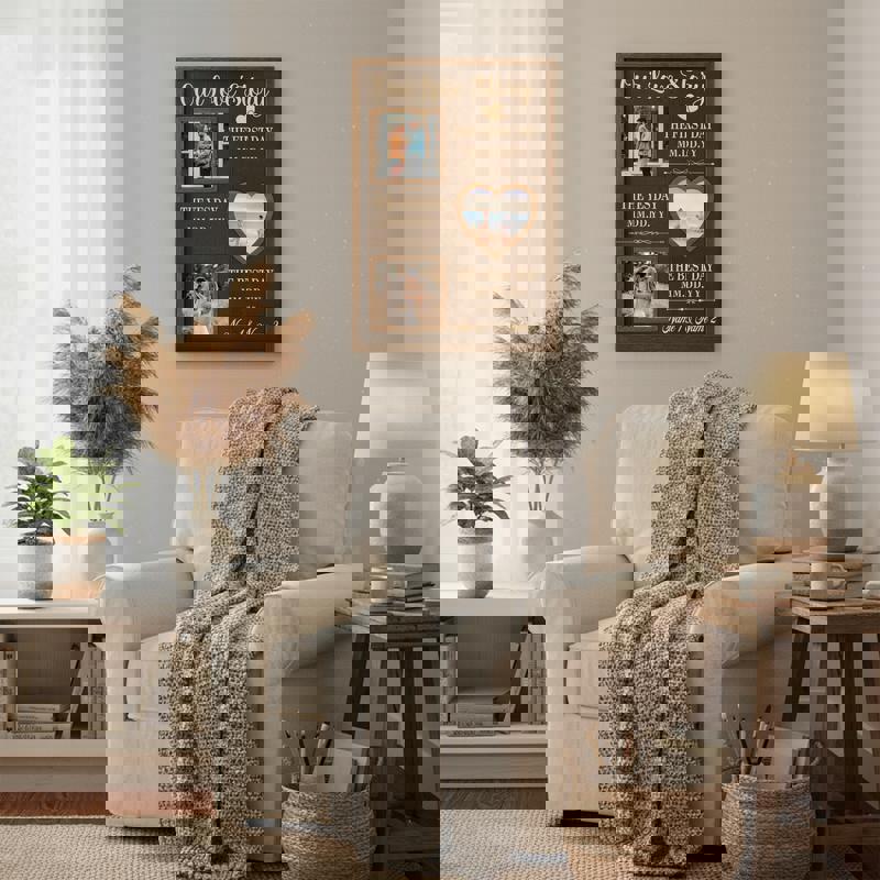 Wedding timeline canvas with personalized names, dates, and black-and-white photo collage in rustic farmhouse style