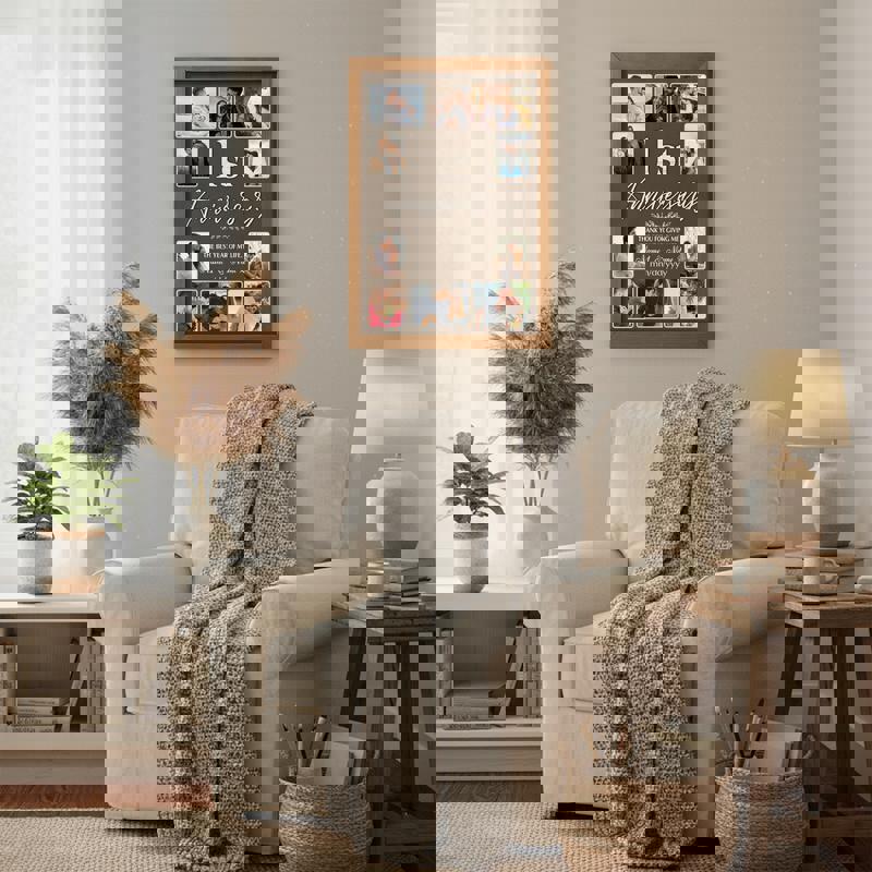 1st anniversary photo collage canvas, rustic wood, multi-photo grid with One Year Together text, personalized names and date