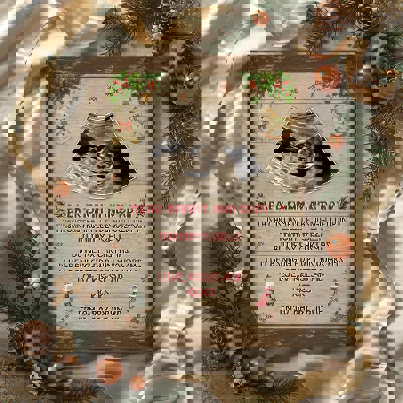 Christmas baby ultrasound canvas wall art with ultrasound photo and custom message, red-green palette, parents gift