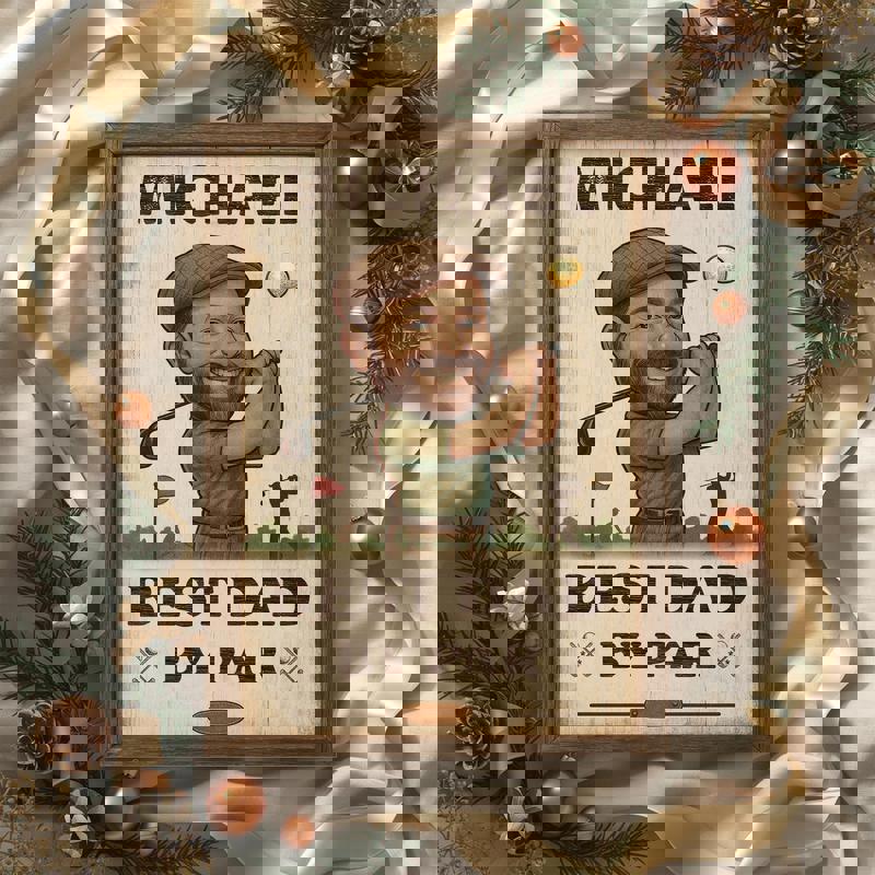 Best Dad By Par caricature canvas, personalized golf dad wall art in rustic farmhouse style, gift for golfing dads