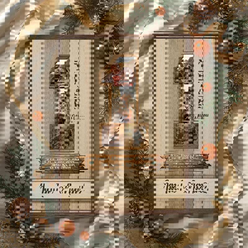 One-year anniversary rustic canvas wall art photo collage, custom names and date, meaningful couple keepsake for home decor