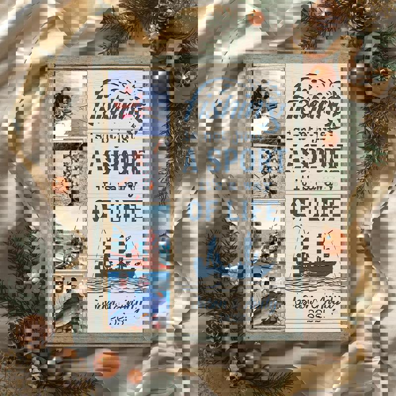 Personalized fishing photo collage canvas art, coastal farmhouse style with custom photos and names, ideal for man cave decor