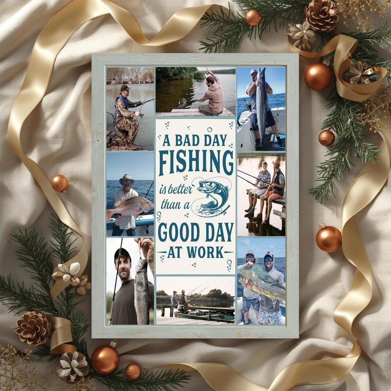 Fishing canvas wall art with inspirational quote, personalized photo collage, rustic coastal gift for him or Father’s Day
