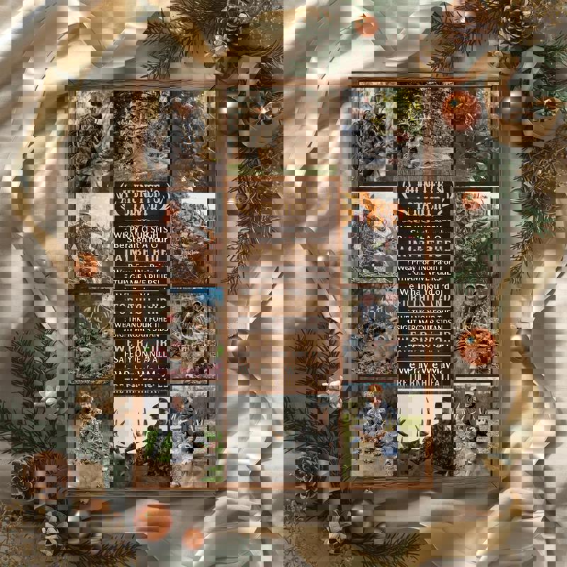 Hunter's Prayer canvas wall art, custom hunting photo collage, portrait layout with cross and antlers, add names, rustic man cave decor