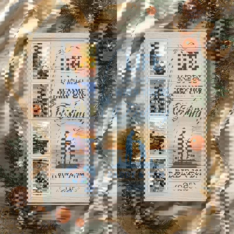 Fishing canvas wall art in blue-gray farmhouse style, father & son photo collage personalized with names for lake cabin