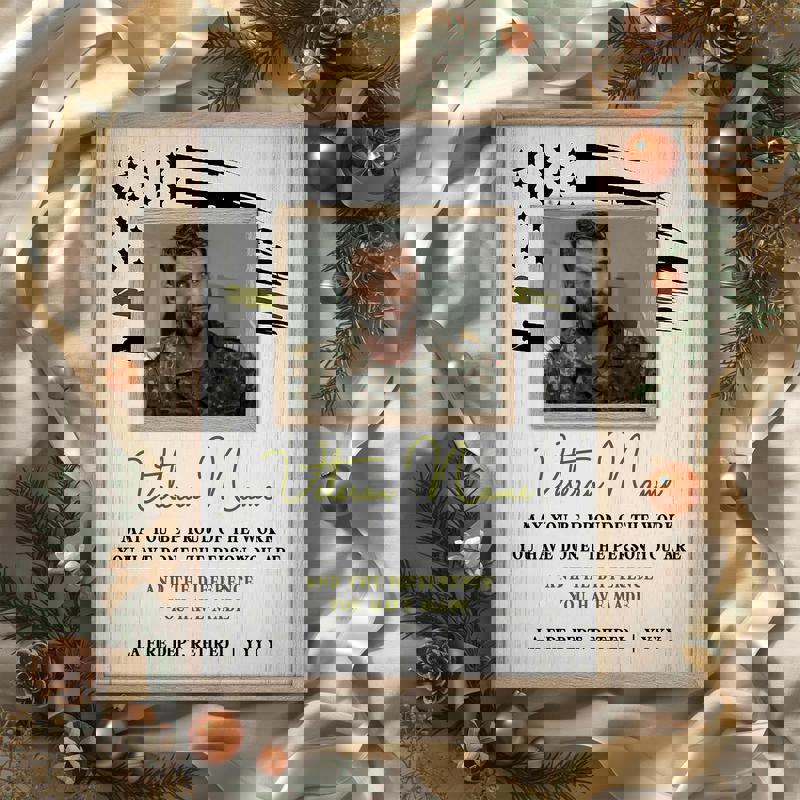 Military retirement canvas wall art, customized with veteran's name and dates, rustic gift for retirement or office decor