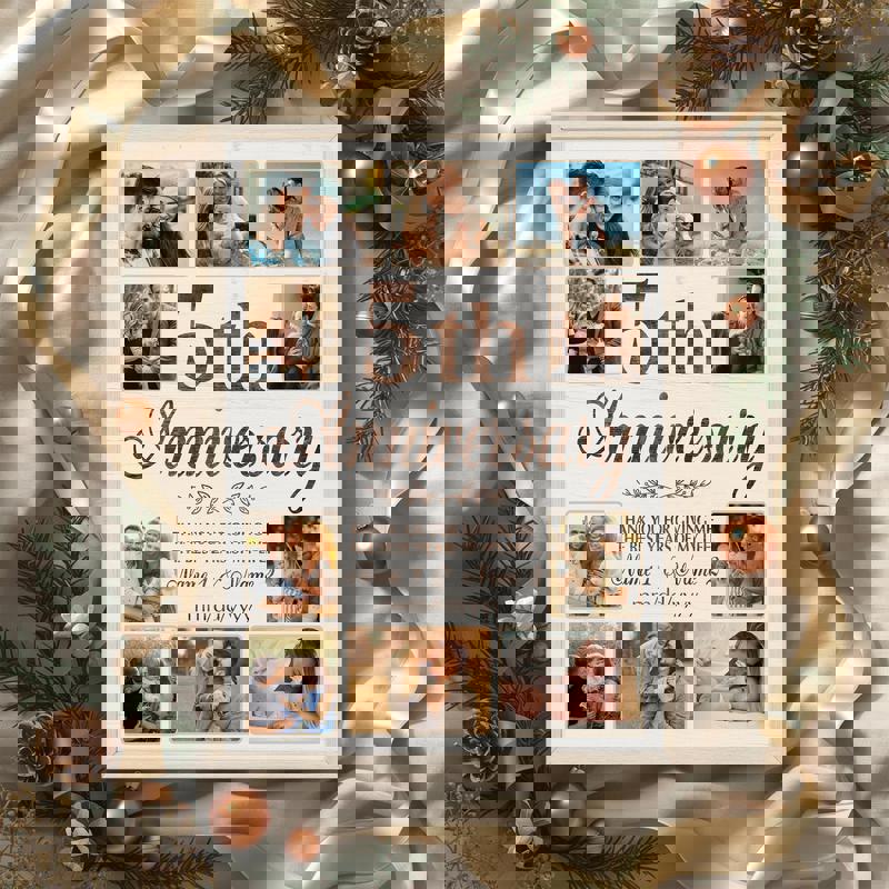 5th anniversary photo collage canvas, rustic farmhouse aesthetic, personalized names and date, bedroom decor gift