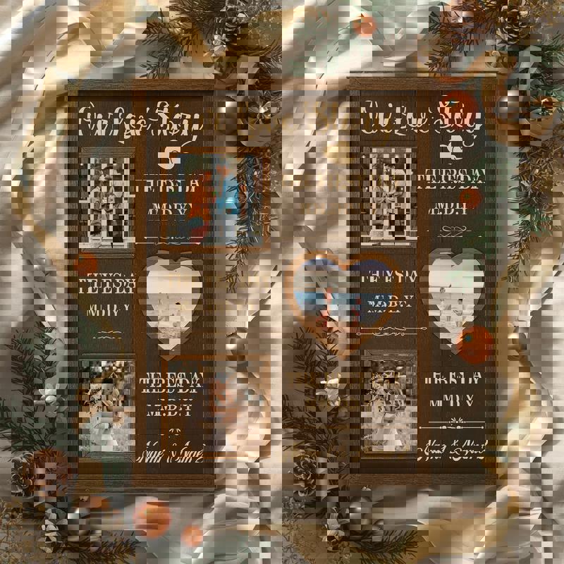 Anniversary love story timeline canvas, personalized names, dates, photos on linen-look background in rustic farmhouse decor