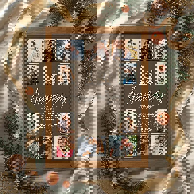 1st anniversary photo collage canvas, rustic barnwood, personalized names and date, photos, gift for boyfriend or girlfriend