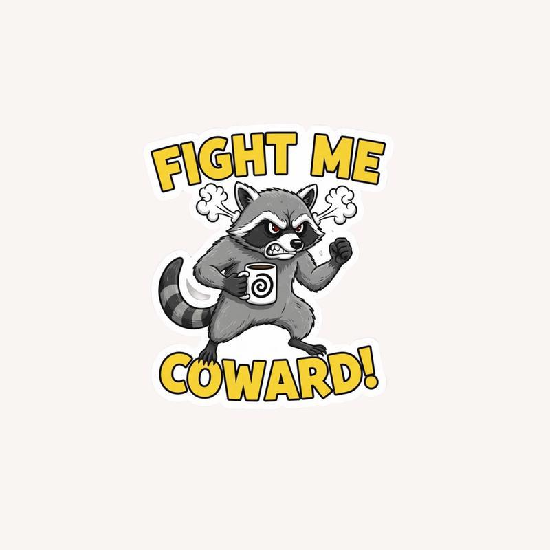 Angry Raccoon Fight Me Coward With Coffee Sticker - Raccsy