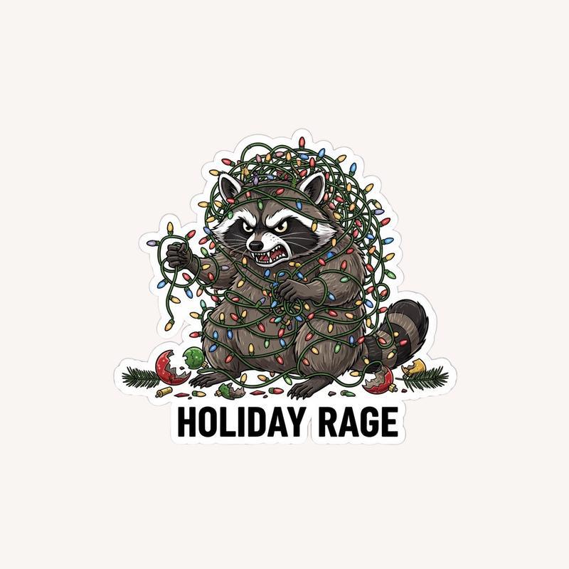 Angry Raccoon Tangled Christmas Sticker - Raccsy