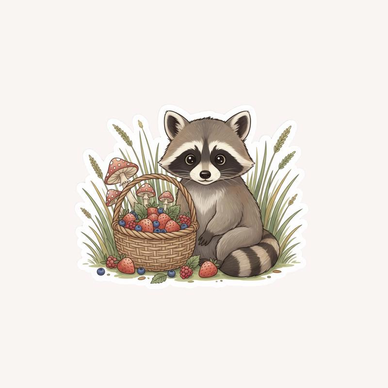 Baby Raccoon Cottagecore Basket Sticker - Raccsy