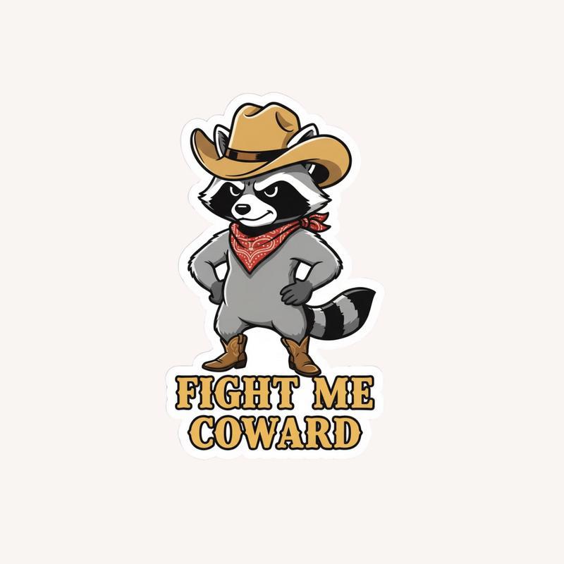 Cowboy Raccoon Fight Me Coward Sticker - Raccsy