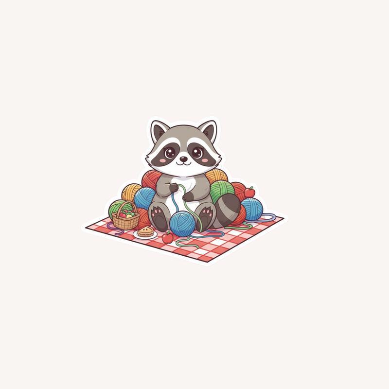 Raccoon With Yarn Picnic Sticker - Raccsy