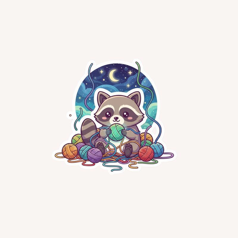 Raccoon With Yarn Starry Night Sticker - Raccsy