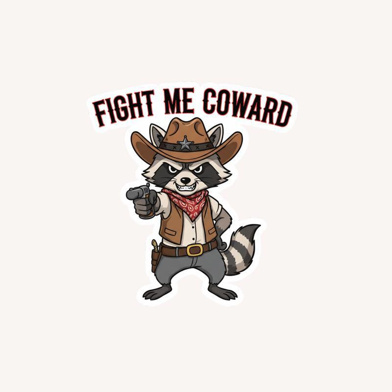Vintage Cowboy Raccoon Fight Me Coward Sticker - Raccsy