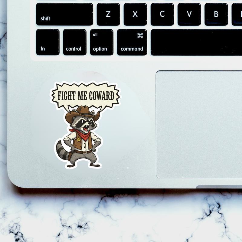 Retro Cowboy Raccoon Fight Me Coward Meme Sticker