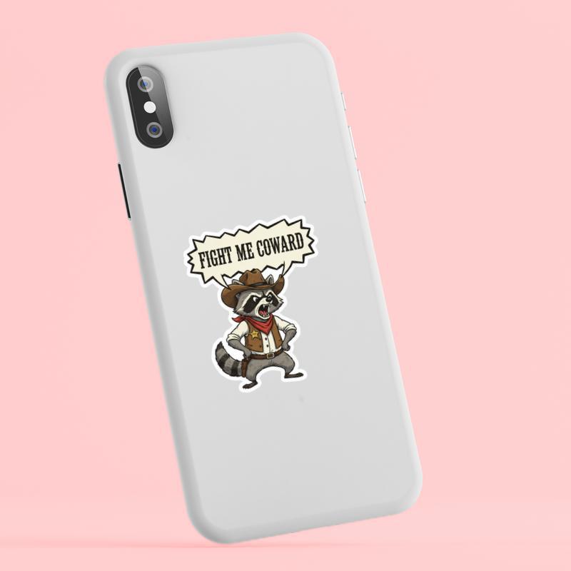Retro Cowboy Raccoon Fight Me Coward Meme Sticker