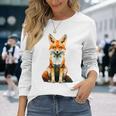 キツネ アニマル柄 グラフィック ポートレート イラスト 幾何学 キツネ 長袖Tシャツ 彼女への贈り物