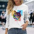 ペイントされた猫の顔 カラフル レインボー アートデザイン ギフトに最適 長袖Tシャツ 彼女への贈り物