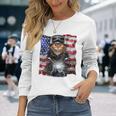 三毛猫 オレンジ猫 ねこ バイク 星条旗 アメリカ 長袖Tシャツ 彼女への贈り物