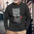 ブリティッシュショートヘア猫 ポケットの中 のぞくかわいい子猫 長袖tシャツ 長袖Tシャツ 高齢者への贈り物