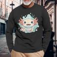 笑顔のaxolotl カワイイかわいい水中漫画 長袖Tシャツ 高齢者への贈り物
