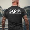 Scpファンデーション-Scp-セキュア・コンテインプロテクト メンズTシャツ バックプリント 高齢者への贈り物