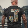 イニシャル 名前 文字 J アルファベット 民芸風 メンズTシャツ バックプリント 高齢者への贈り物