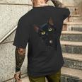 こっそり猫 物陰からじっと見つめる黒猫デザイン メンズTシャツ バックプリント 彼への贈り物